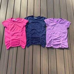 3 pack Athleta Pink, Blue, and Purple Ruched Running T-Shirts Size Large